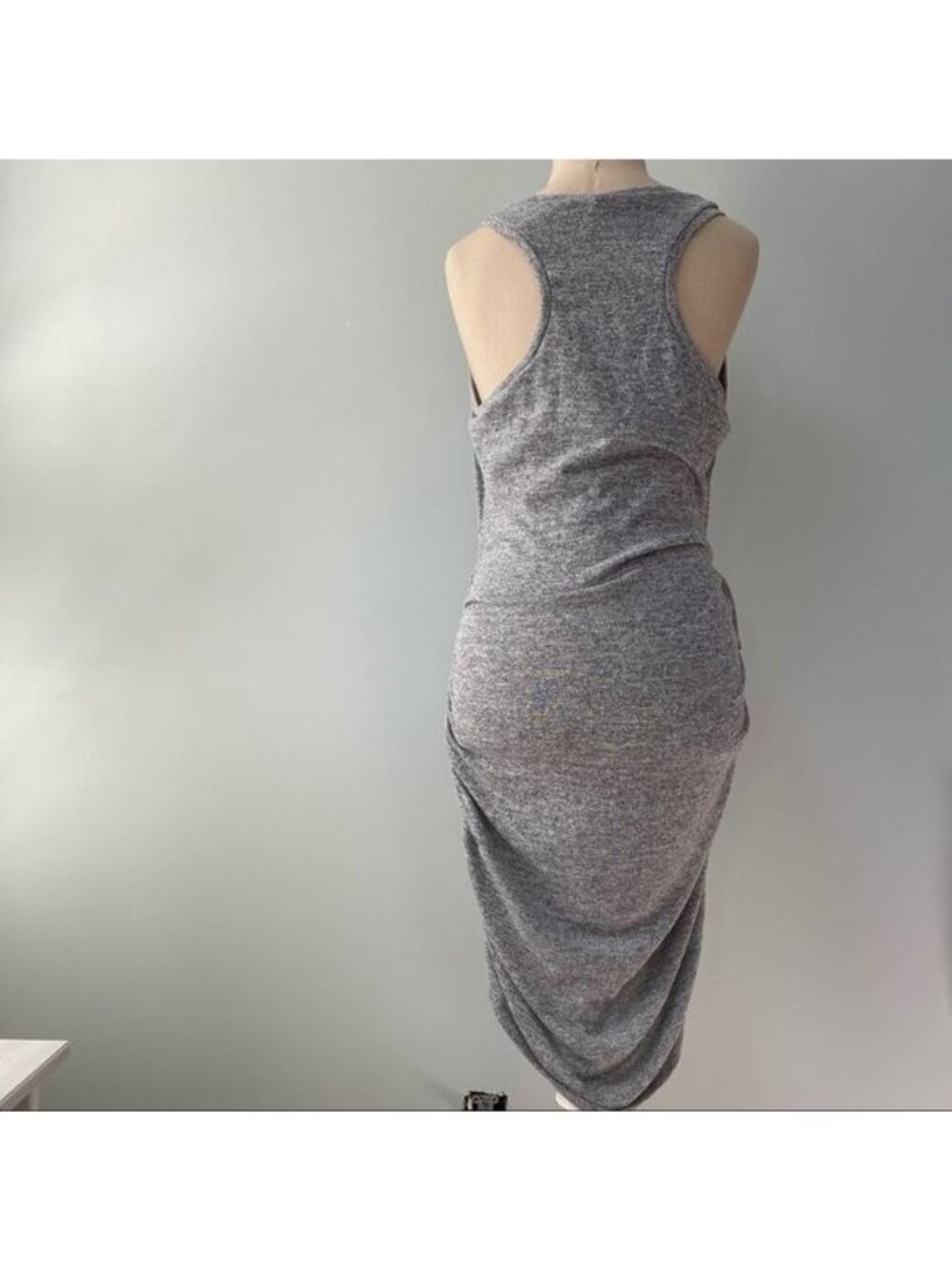 Express Fringe Ruched Racerback Heathered Gray Dress - Picture 7 of 12